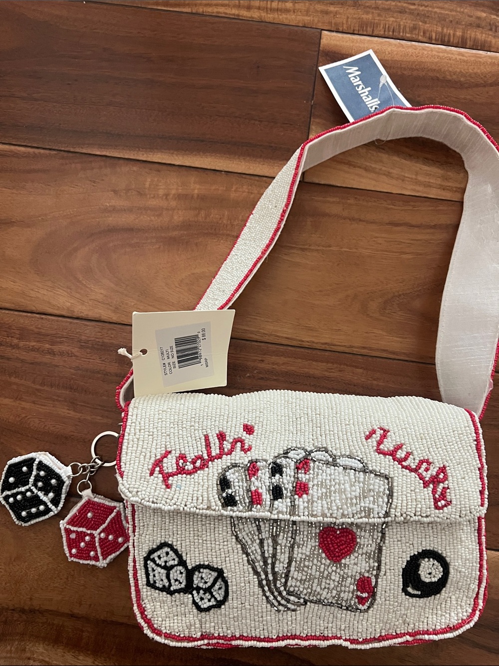 Feelin lucky White Beaded bag with playing cards  and Novelty Dice Charms
